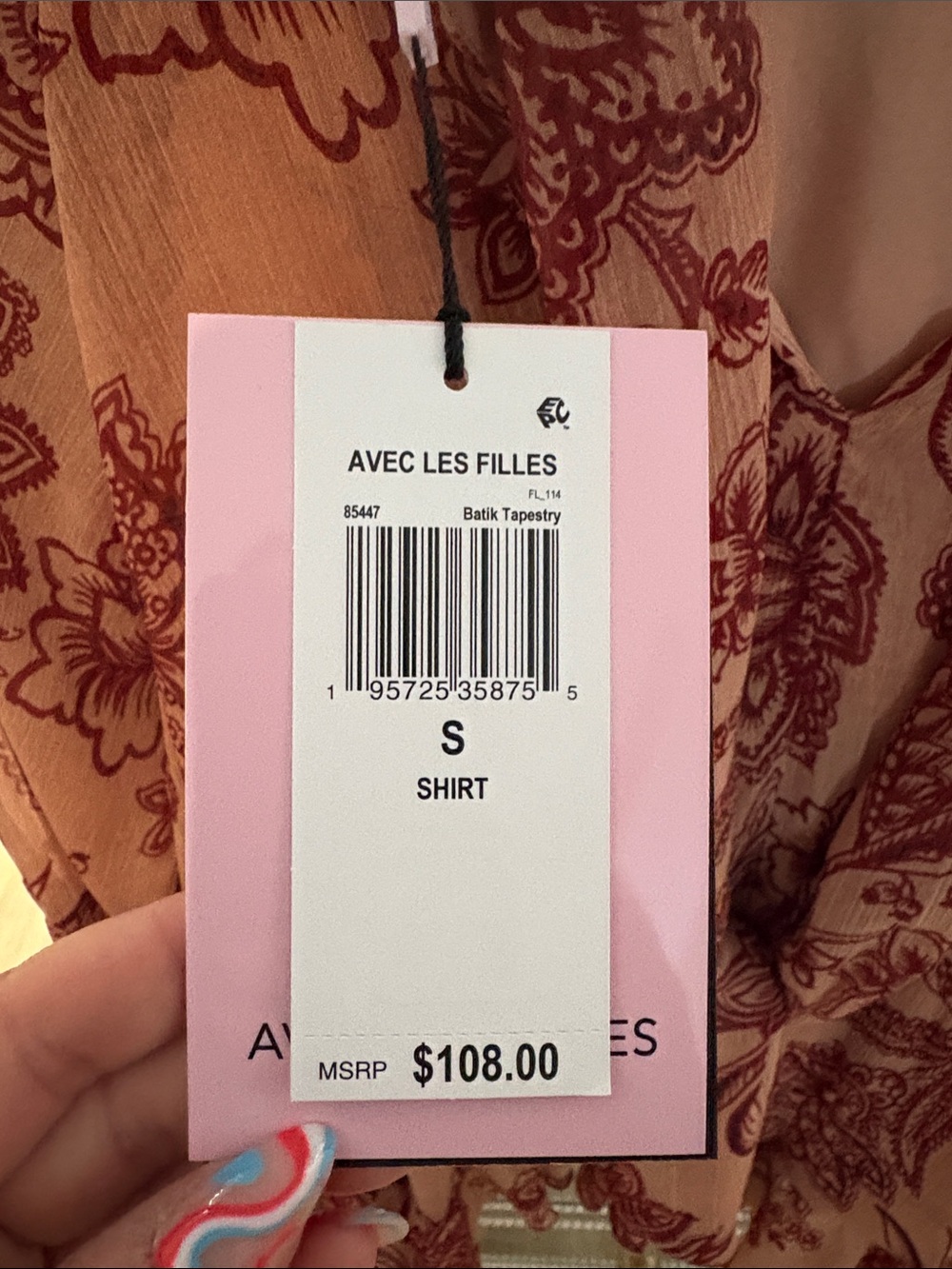 Avec Les Filles Peach Blush Floral Tie-Neck Blouse with Red Print - Picture 4 of 6